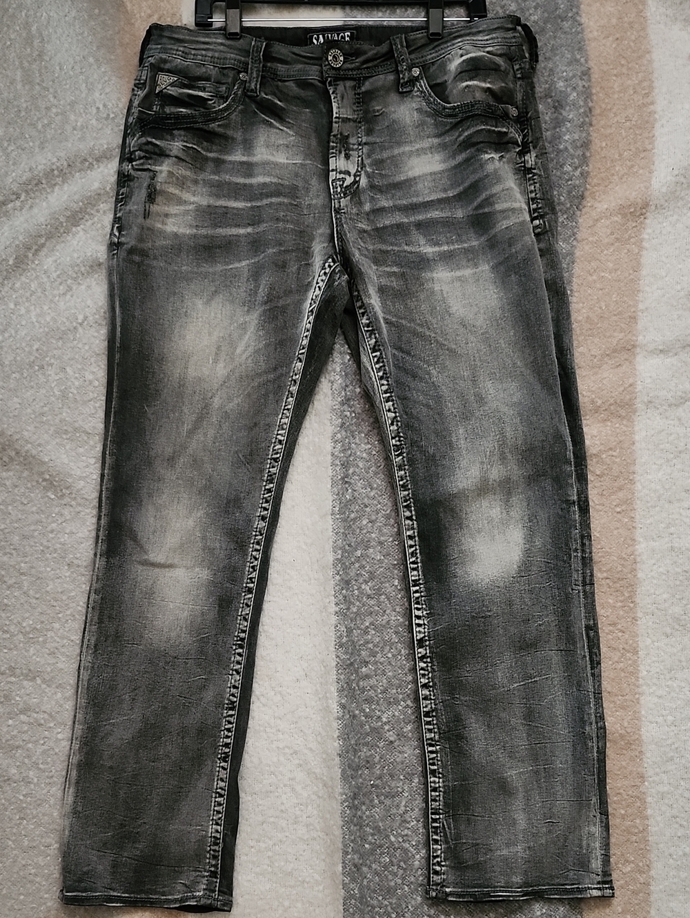 Salvage Men's Distressed Straight Leg Jeans Sz 36R Gray Crystal Wash Streetwear